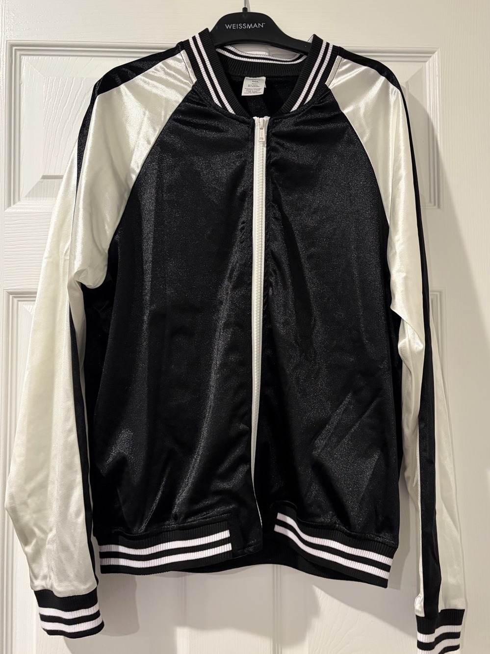Weissman Black and White Satin-Style Bomber Jacket